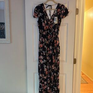 Floral Wrap Maxi Dress in Black with Pink and Green Accents